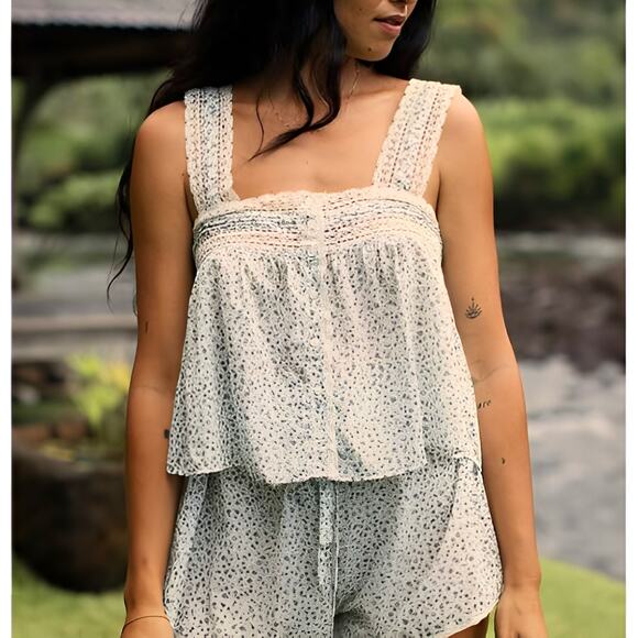 Doen Tops - Doen Womens Cottagecore Prairie Sonora Organic Cotton Lace Ditsy Floral Top XS